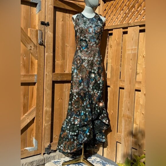 🆕 BRONX & BANCO🧿 NWOT Sicilia Blue Sequin Fluted Hem Maxi Dress Sz M US 6 - Picture 11 of 16